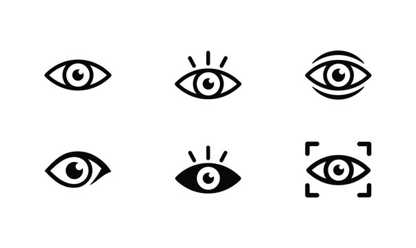 Set of minimalist eye icons representing vision and focus in a clean black and white vector style