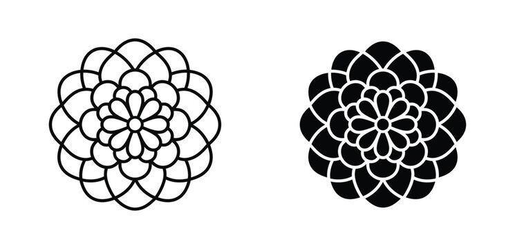 Set of two floral mandala icons featuring symmetrical geometric petal patterns in black and white