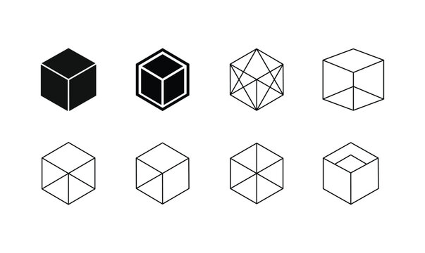 vSet of geometric cube icons featuring various wireframe and solid styles on a white background