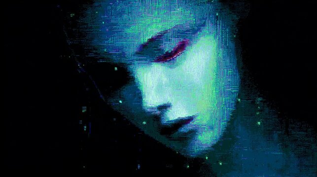 An abstract beautiful feminine digital AI face implied through sparse pixel scanlines and thin geometric linework.
