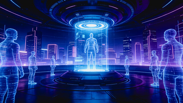 Holographic Human Figures in Futuristic Sci-Fi Chamber