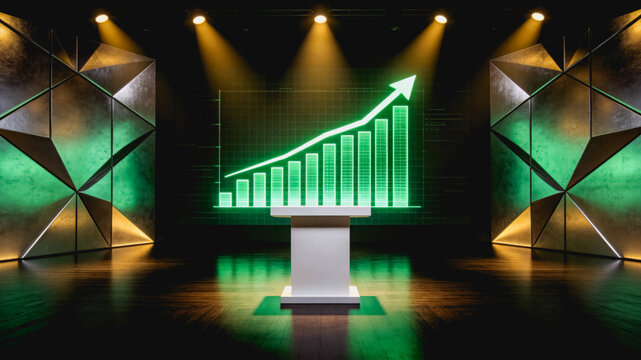 Business Presentation Stage with Growth Chart and Podium