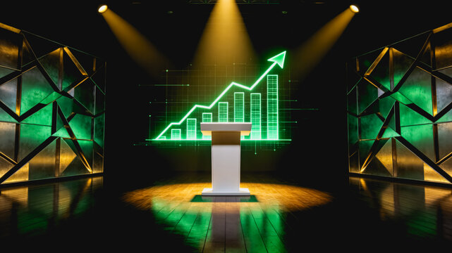 Podium with Growing Neon Financial Chart in Modern Stage