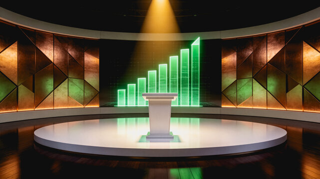 Empty Studio Stage with Growing Green Bar Graph and Podium