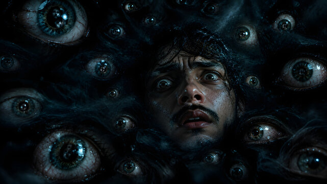 Surreal horror portrait of terrified man surrounded by many staring eyes, dark cinematic nightmare aesthetic, psychological fear and paranoia concept, Halloween 
