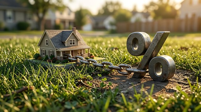 Residential house model chained to large metal percentage symbol on green lawn in suburban neighborhood