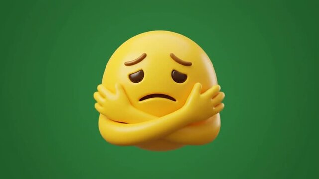 3d emoticon with sad expression hugging itself on green background