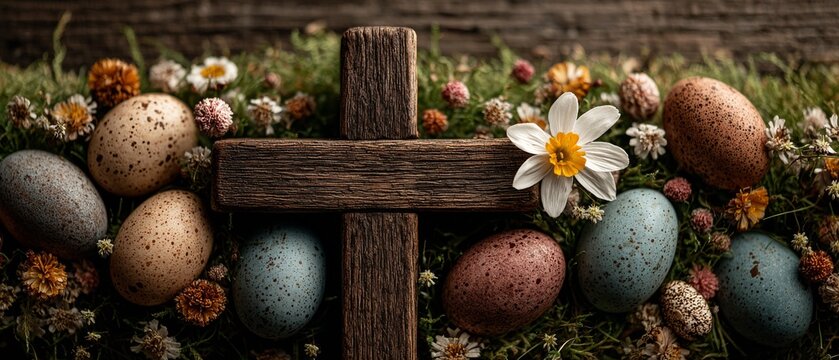 A rustic wooden cross surrounded by speckled eggs and wildflowers on a mossy background.
