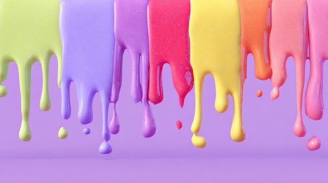 vibrant, dripping liquids in various colors against a pastel purple background.