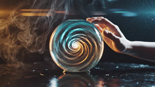 Human hand gesturing near glass sphere with glowing liquid waves