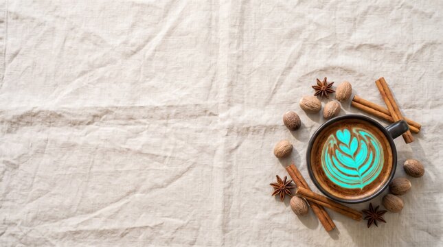 A cup of coffee with cyan latte art, cinnamon sticks, and nutmeg on a linen background