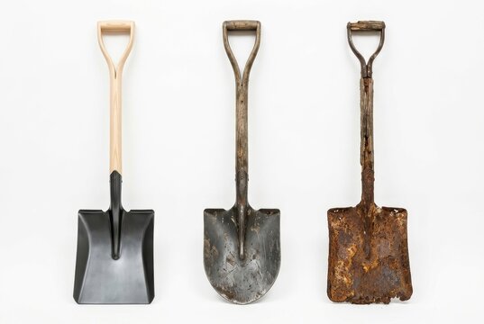 Three Shovels in Different Stages of Aging and Wear from New to Rusty Isolated on White Background