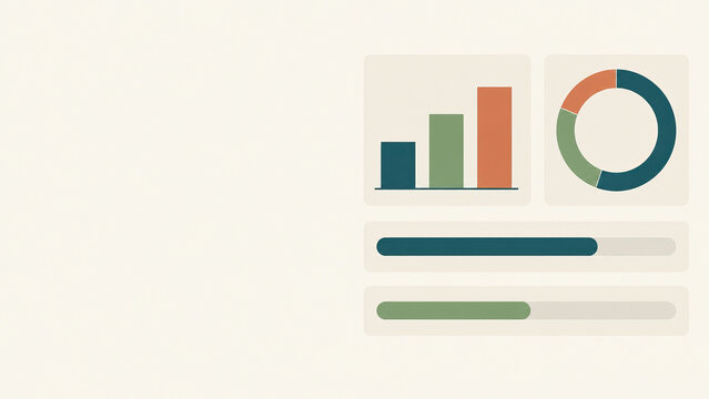 Minimalist Data Visualization Dashboard Illustration featuring Statistical Charts and Progress Indicators for Business Analysis