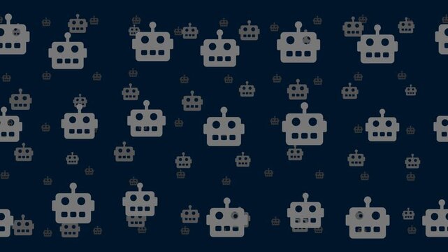 Robot head symbols float horizontally from left to right. Parallax fly effect. Floating symbols are located randomly. Seamless looped 4k animation on dark blue background
