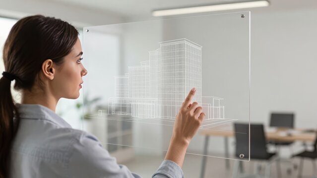 Young professional female architect using futuristic transparent glass screen to review digital architectural 3D blueprint and skyscraper structural design in a modern bright office interior
