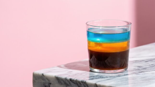 Layered colorful liquid cocktail in glass on marble tabletop with pink background