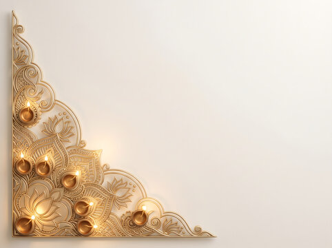 Diwali Background with Golden Mandala Corner and Oil Diya Lamps