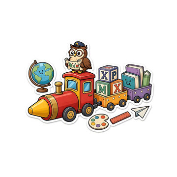 Colorful cartoon train carrying school supplies with a wise owl conductor educational toys classroom supplies back to school learning journey alphabet blocks