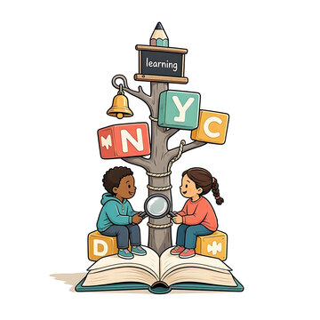 Two children reading and exploring with a magnifying glass by a symbolic learning tree early education back to school knowledge tree alphabet blocks curious kids
