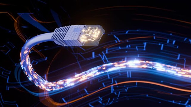 Client-server connection concept. Operation of network protocols. Data transmission over the Internet. A futuristic RJ-45 connector for connecting to a local area network or the Internet.