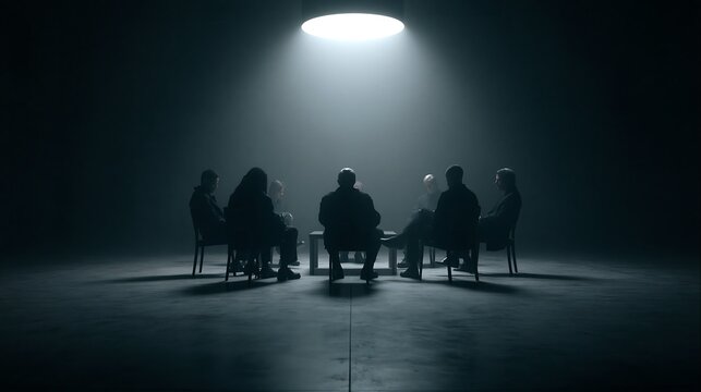 Mysterious group of people sitting in circle under dramatic spotlight beam in dark room representing secret society confidential meeting support therapy group concept
