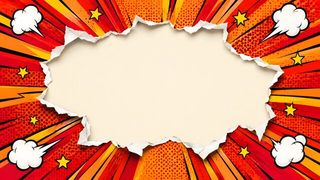 Red and orange comic book style explosive frame with halftone dots and white space comic background pop art halftone pattern