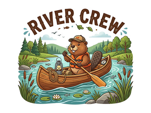 Illustration of a cute beaver paddling a wooden canoe in a scenic river landscape with surrounding forest and cattails outdoor life water sport nature lover paddling