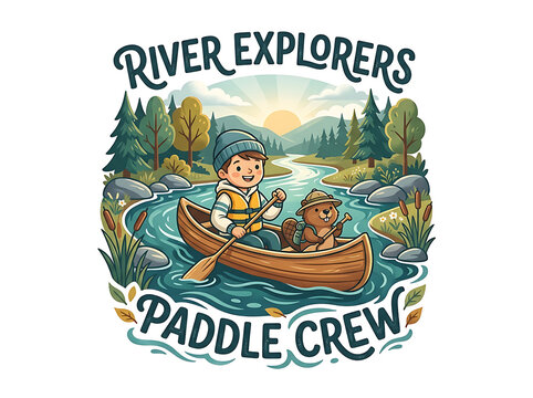 Happy child paddling a wooden canoe on a river with a friendly beaver mascot in a natural forest environment outdoor life water activity adventure time nature activit