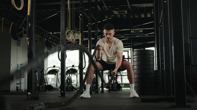 Powerful Caucasian muscular man athlete training with battle ropes in fitness gym sportsman bodybuilder male performing intense cardio workout physical strength exercise trainer bodybuilding indoors