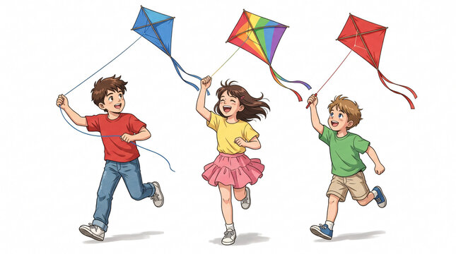 Children Having Fun Flying Colorful Kites