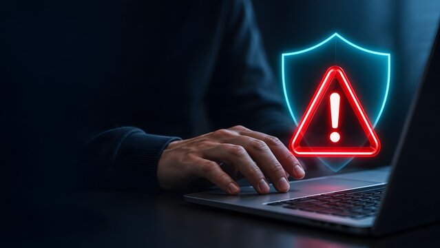 Cybersecurity alert on laptop indicating dangerous ransomware attack and corporate network data breach
