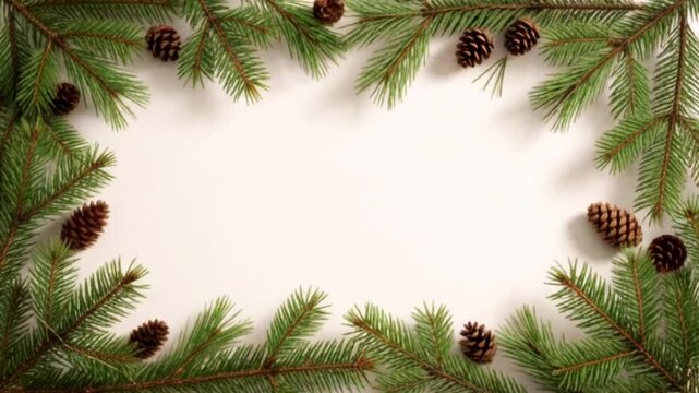Christmas Evergreen Branch Border with Pinecones and Warm Lights