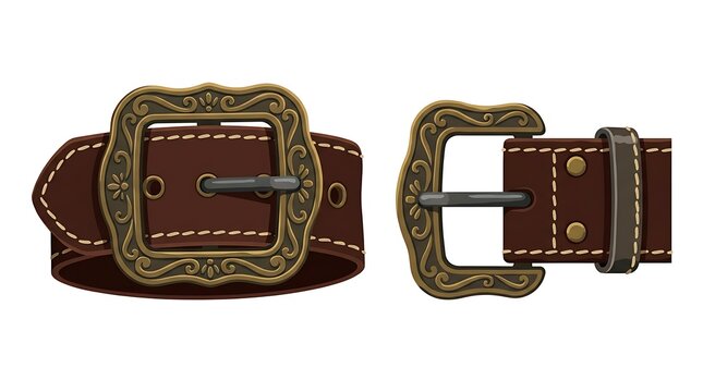 Leather Belt with Ornate Brass Buckle Isolated on White Background for Fashion and Design Elements