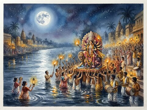 Full moon night Chhath Puja ritual setup near holy river with floating diyas and worship offerings concept
