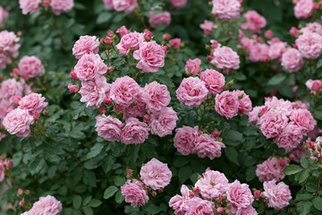 Fototapeta premium The Pink Roses in a Lush Garden Bed with Abundant Blooms