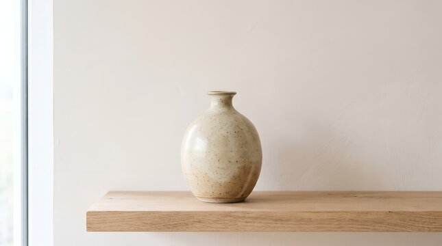 A minimalist beige ceramic vase with a textured finish rests on a light wooden shelf, showcasing simplicity and elegance
