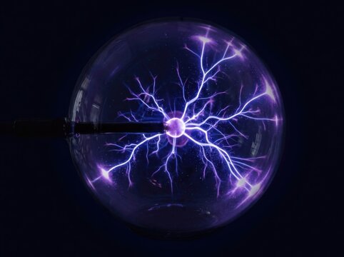 Purple plasma globe with electric arcs in dark light