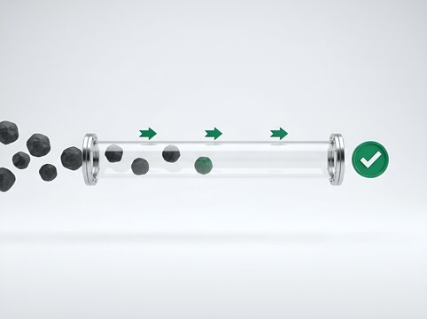 A conceptual visualization of the industrial material filtration process showing particles moving through a clear tube towards a successful completion