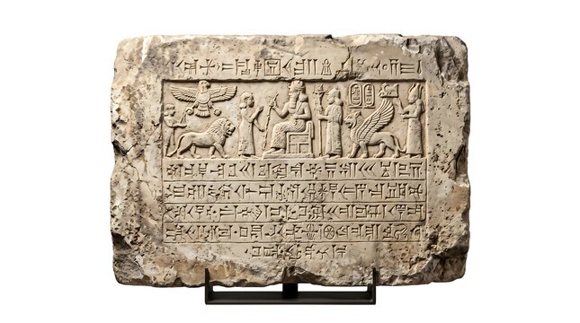 Ancient carved stone tablet depicting historical Mesopotamian figures, mythical creatures, and cuneiform script