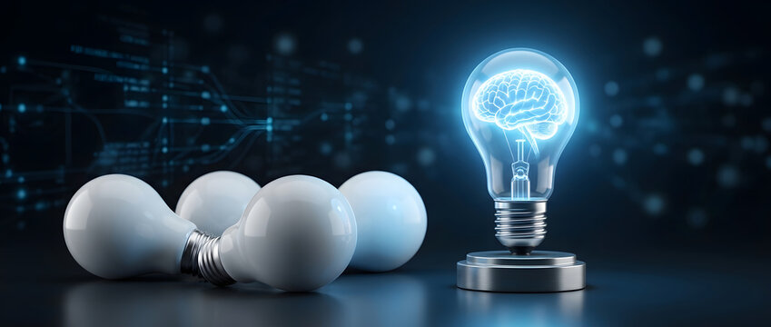 Conceptual illustration of a glowing blue light bulb with a human brain inside representing creativity, innovation, and artificial intelligence among dull light bulbs on a digital background.