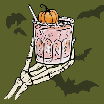 Halloween Cocktail in Skeleton Hand with Pumpkin, Spooky Autumn Drink Illustration