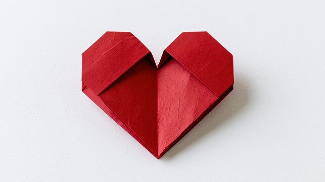 Red origami heart made from folded paper centered on white background