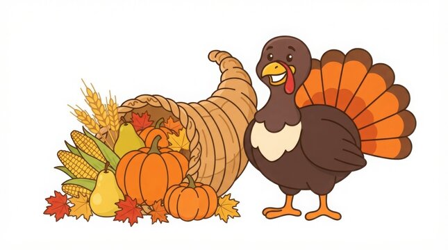 Cartoon turkey standing by a Thanksgiving cornucopia