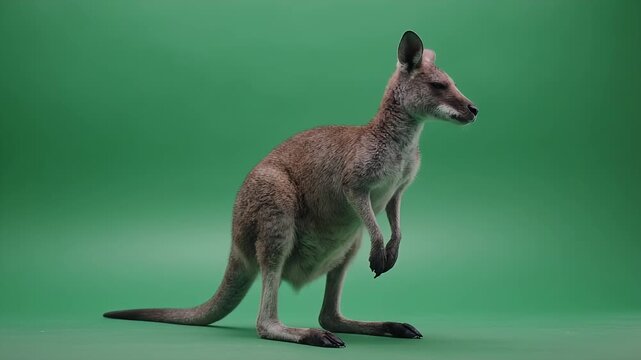 A solitary kangaroo stands alert on a green screen background.