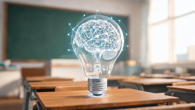 A glowing holographic brain sits inside a light bulb placed on a wooden desk in a classroom, representing educational innovation and intellectual growth.