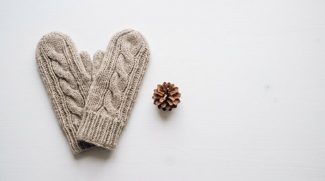 Cozy Winter Companions: A pair of warm, cable-knit mittens lies beside a single pinecone, evoking the comforting essence of a tranquil winter season.