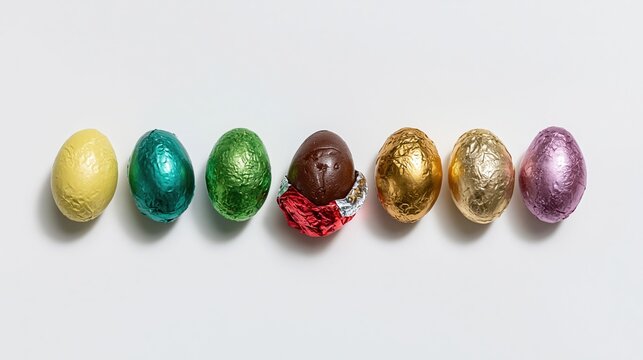 Six foil-wrapped chocolate easter eggs in a row on white background