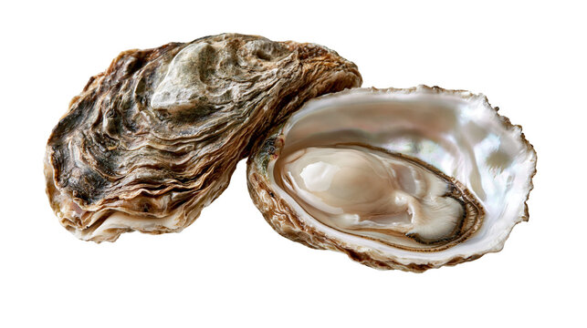 Fresh raw oyster with rough brown shell and smooth iridescent nacre interior