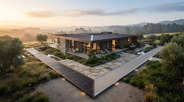 Un agente immobiliare presenta una magnifica villa moderna di lusso immersa nella natura all alba