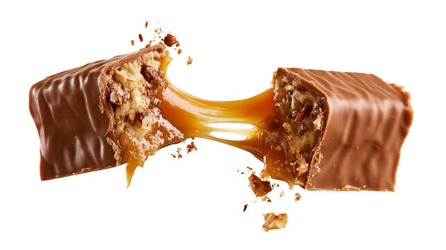 Broken chocolate candy bar with stretching caramel and crunchy nut filling